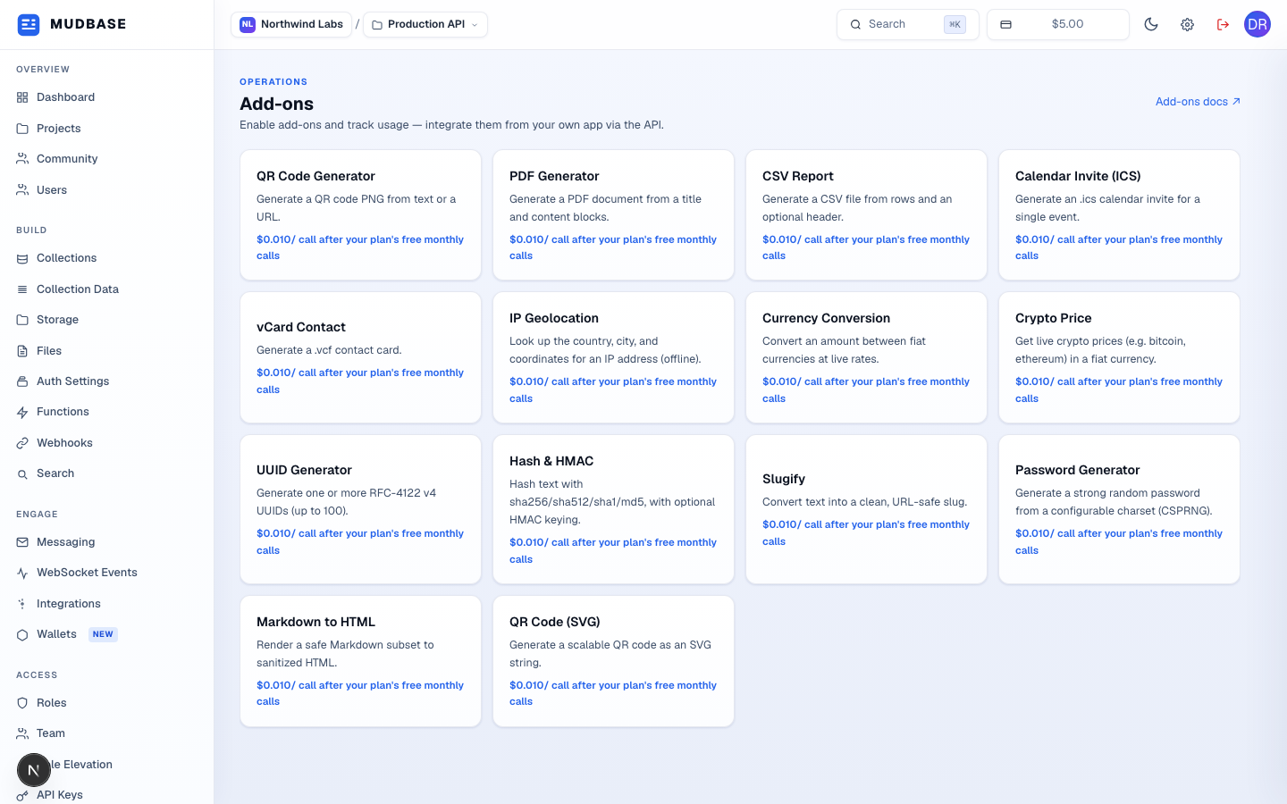 Add-ons catalog grid with 14 utility add-ons, each showing its description and per-call price