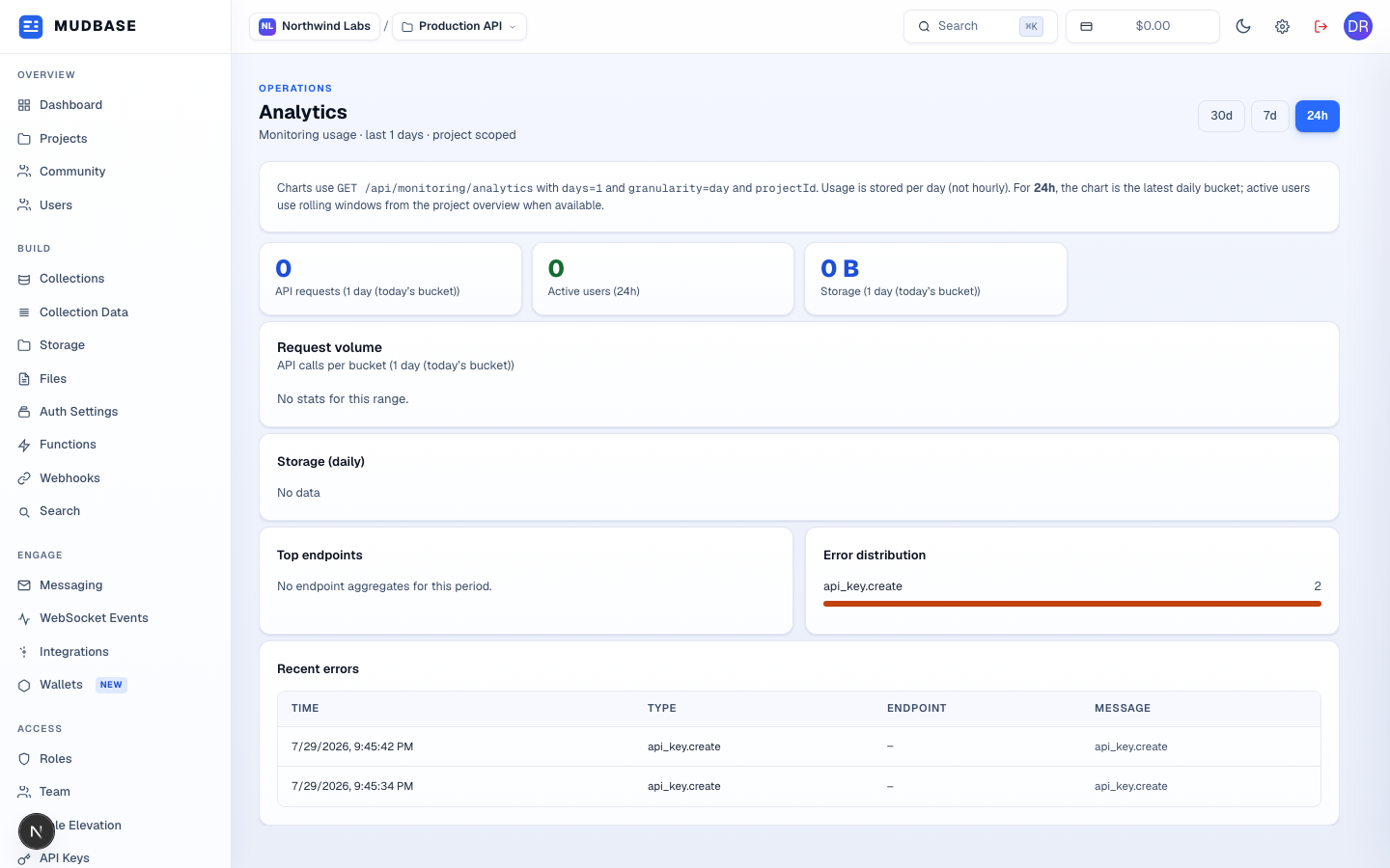 Analytics page with the period selector, stat cards, request volume chart, top endpoints, error distribution, and recent errors table marked