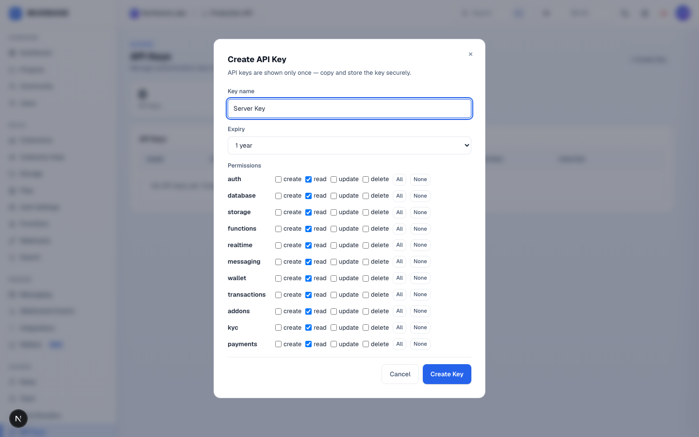 Create API Key dialog with the key name field and Create Key button marked