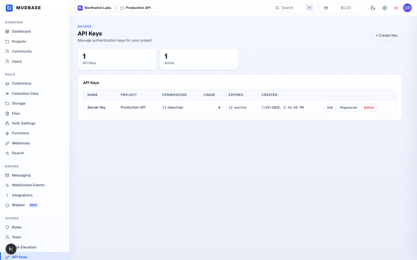 Mudbase console API Keys page, empty, with the Create Key button marked