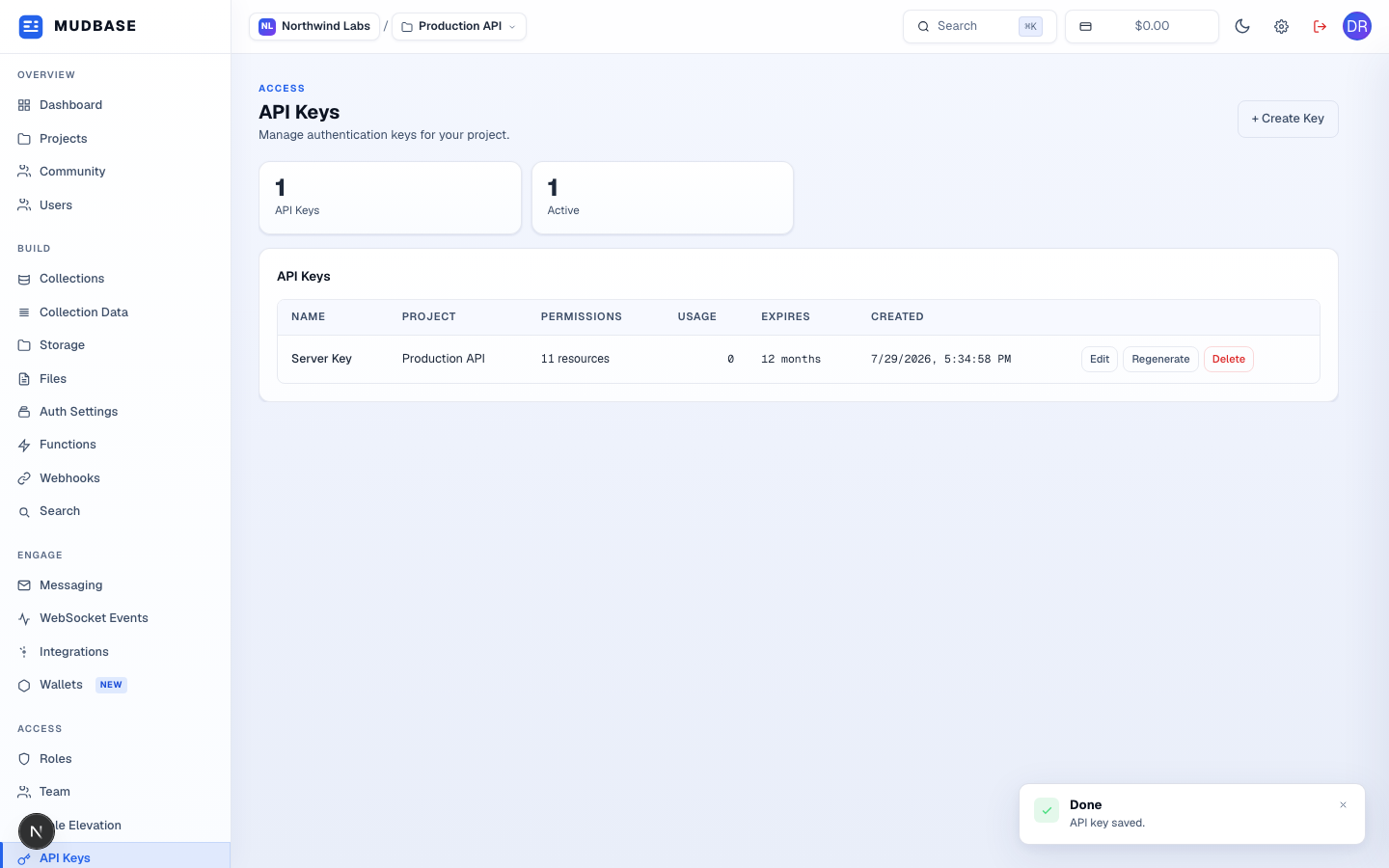 API Keys list showing an existing key with Edit, Regenerate, and Delete actions marked
