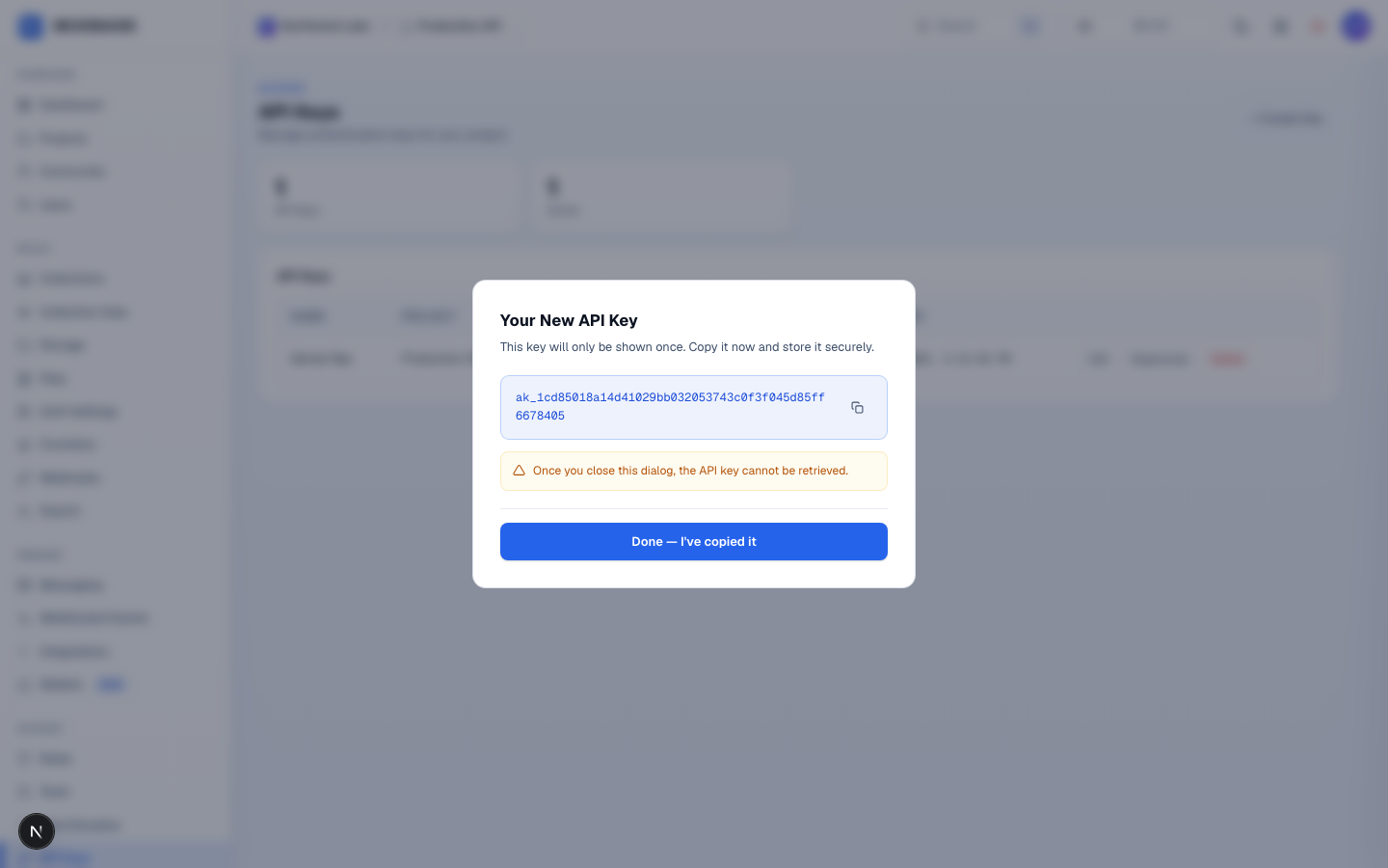 Your New API Key dialog showing the one-time secret and copy button