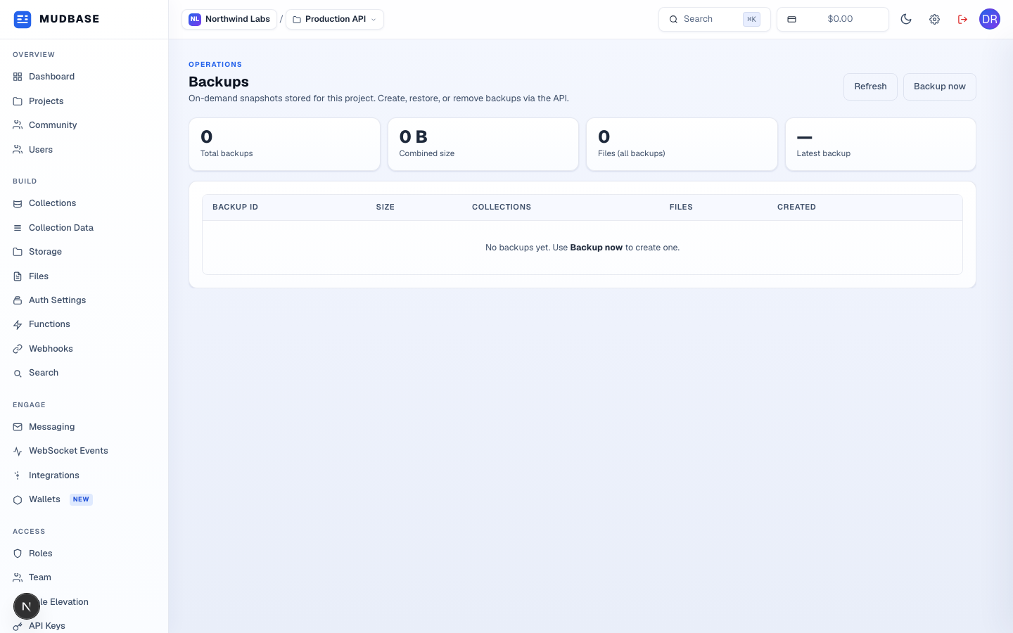 Backups page with Refresh and Backup now buttons, the stat cards, and the backups table marked