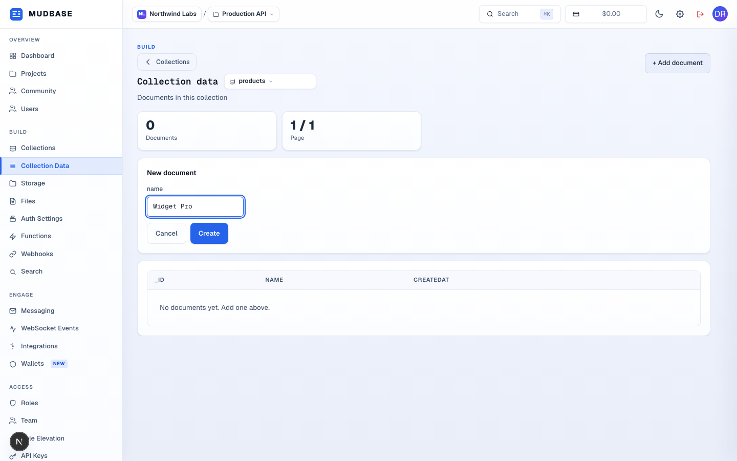 New document form with a name field and Create button marked