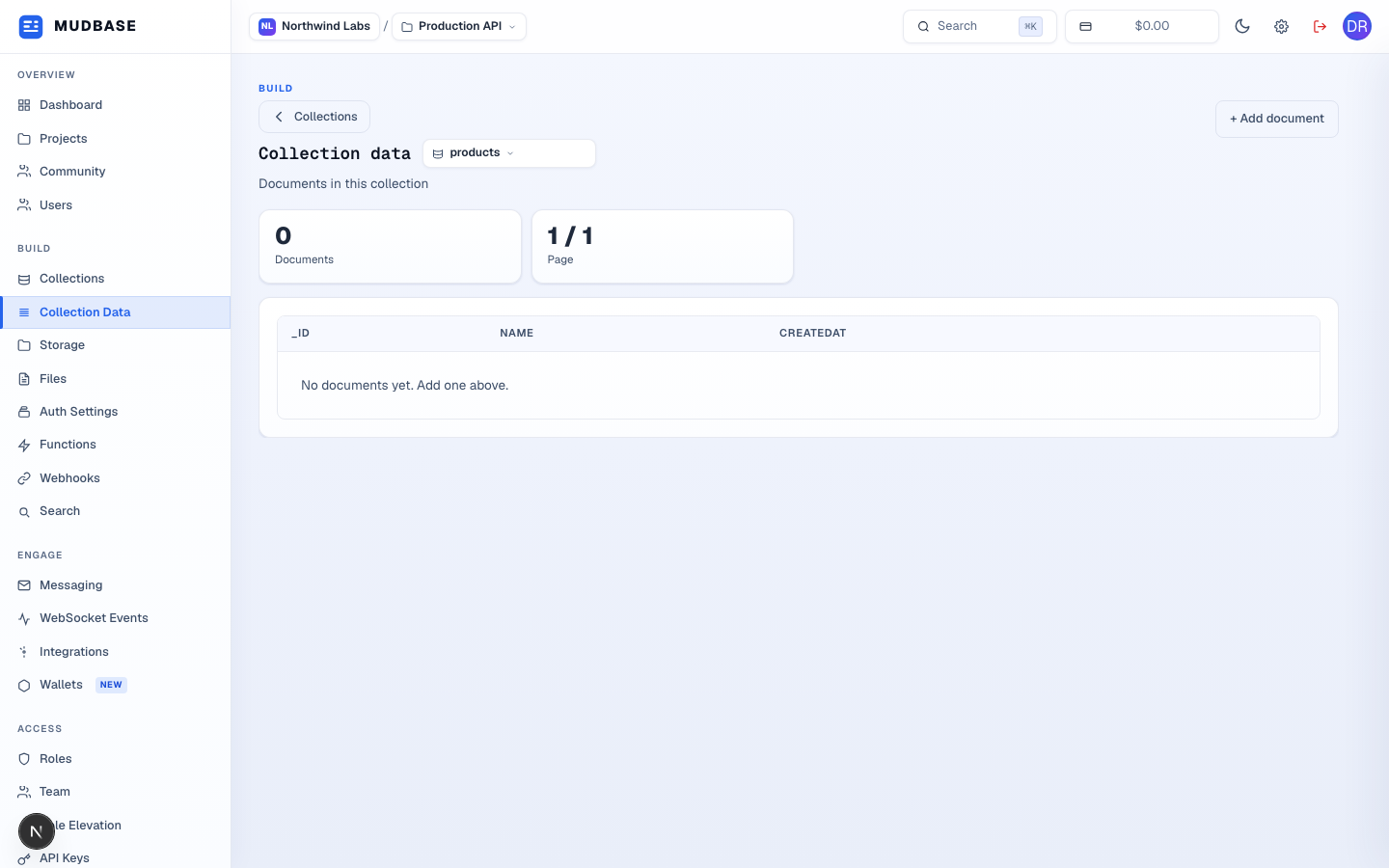 Collection Data page with the products collection selected, showing zero documents and the Add document button marked
