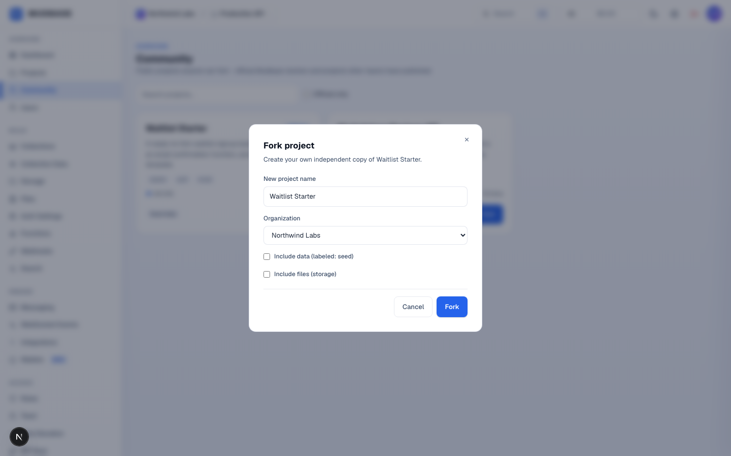 Fork project dialog with new project name, organization picker, and include data/include files checkboxes