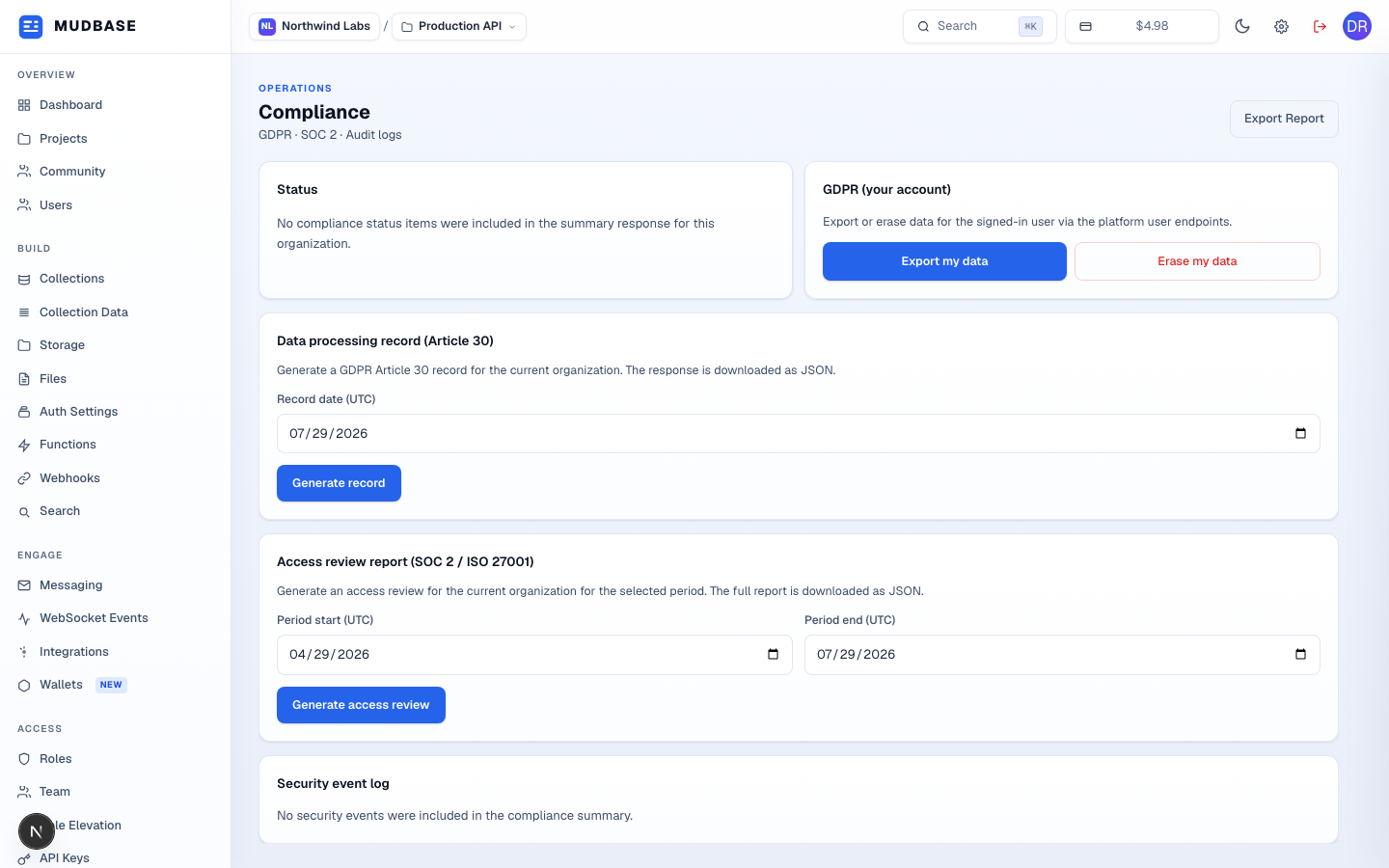 Compliance page with Export Report button, Status and GDPR cards, Data processing record and Access review report generators with date pickers, and a Security event log card