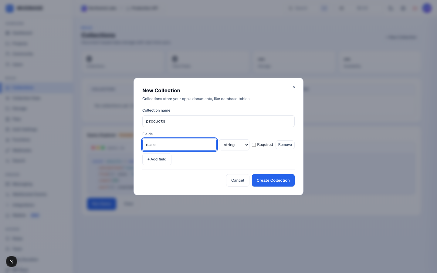 New Collection dialog with the collection name, field name, field type, and Create Collection button marked