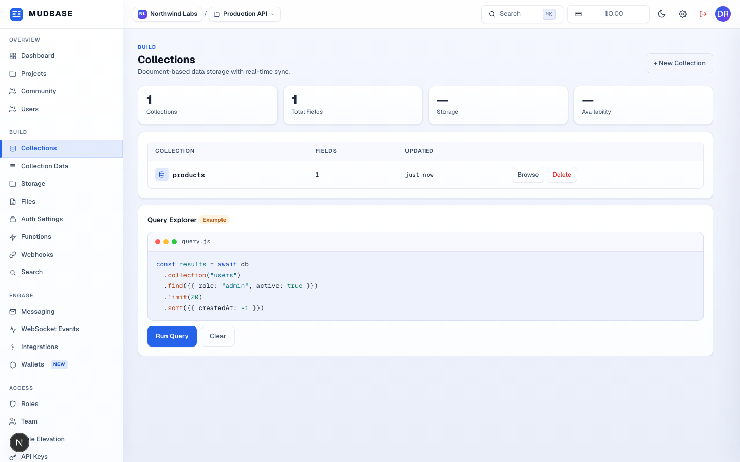 Mudbase console Collections page, empty, with the New Collection button marked