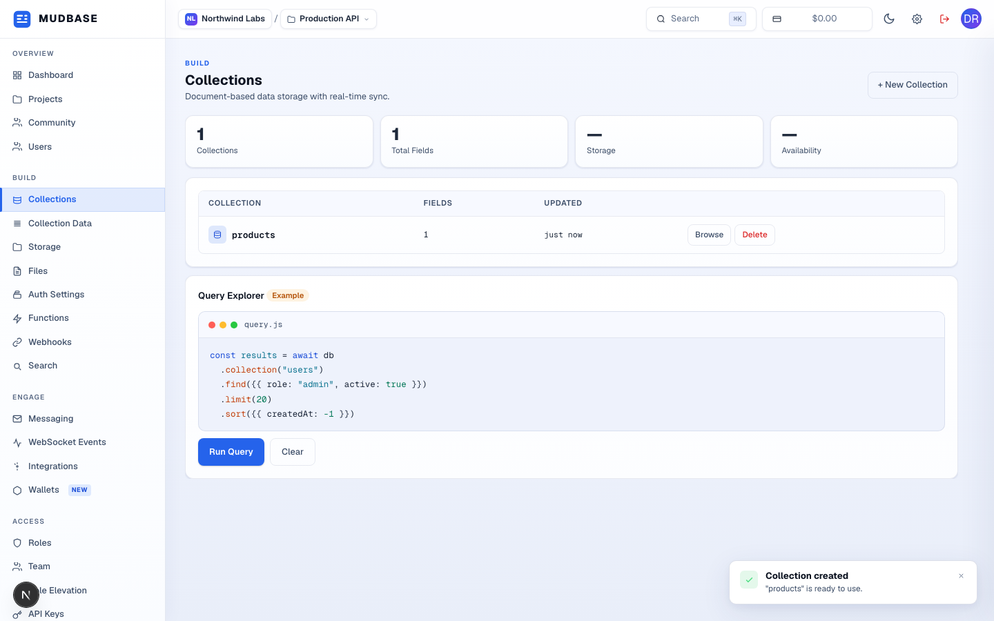 Collections list with the new products collection and the Query Explorer marked