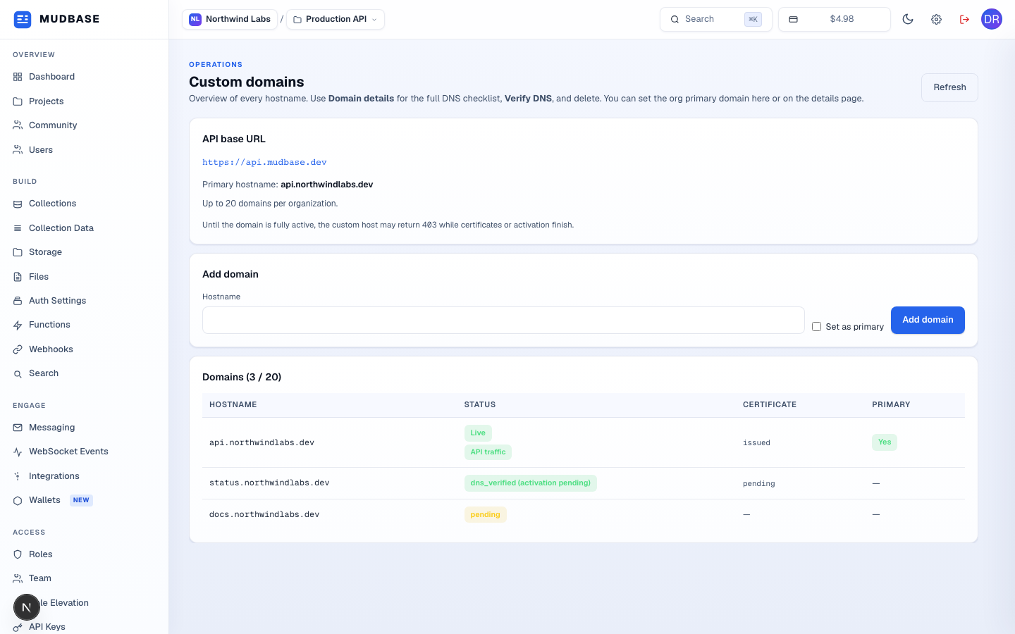 Domains page with an API base URL card, an Add domain form, and a Domains table listing three hostnames in Live, dns_verified (activation pending), and pending states