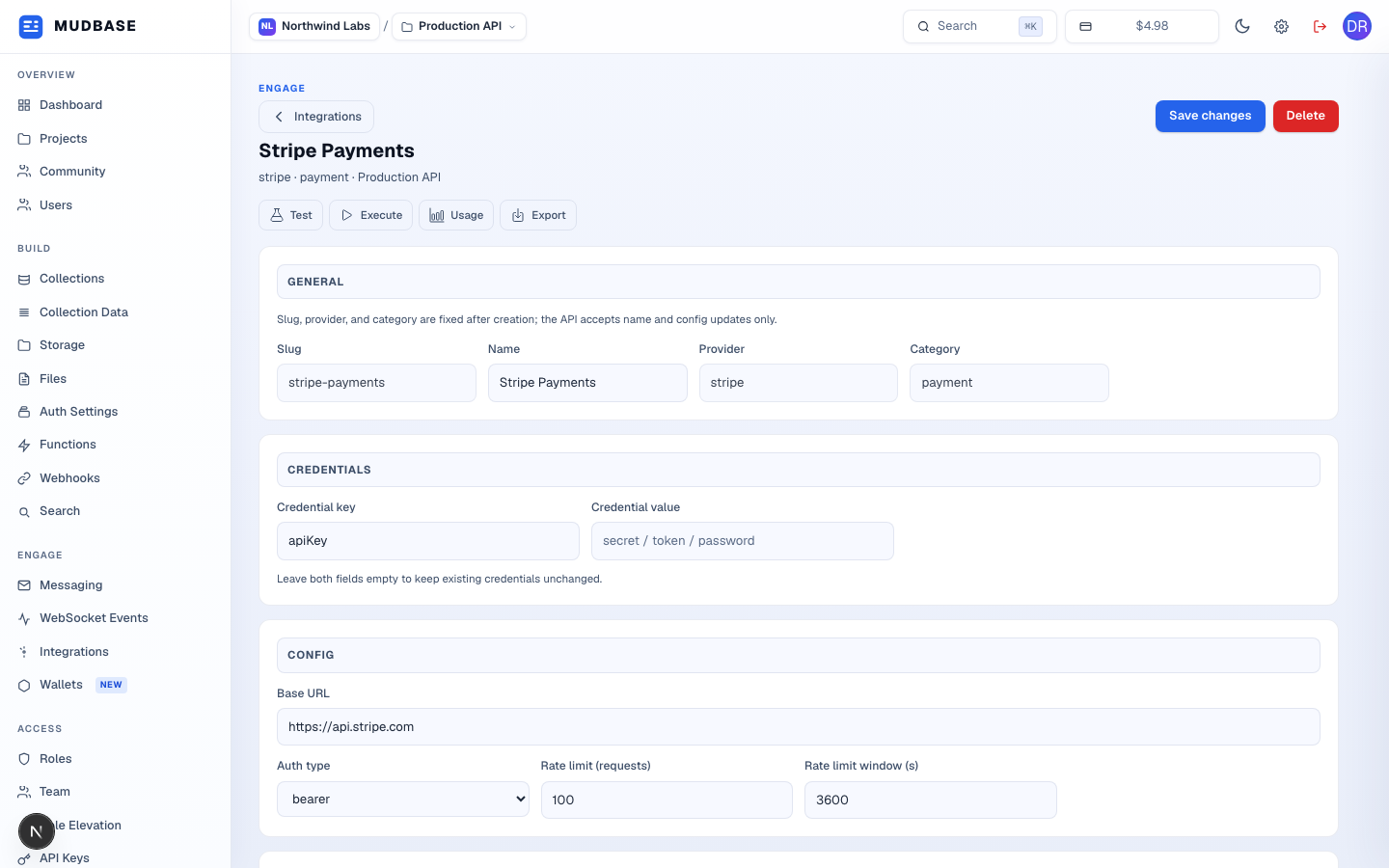 Integration Details top section with back link, Save changes and Delete buttons, a Test/Execute/Usage/Export toolbar, a General card with slug/name/provider/category, and a Credentials card with credential key and value fields