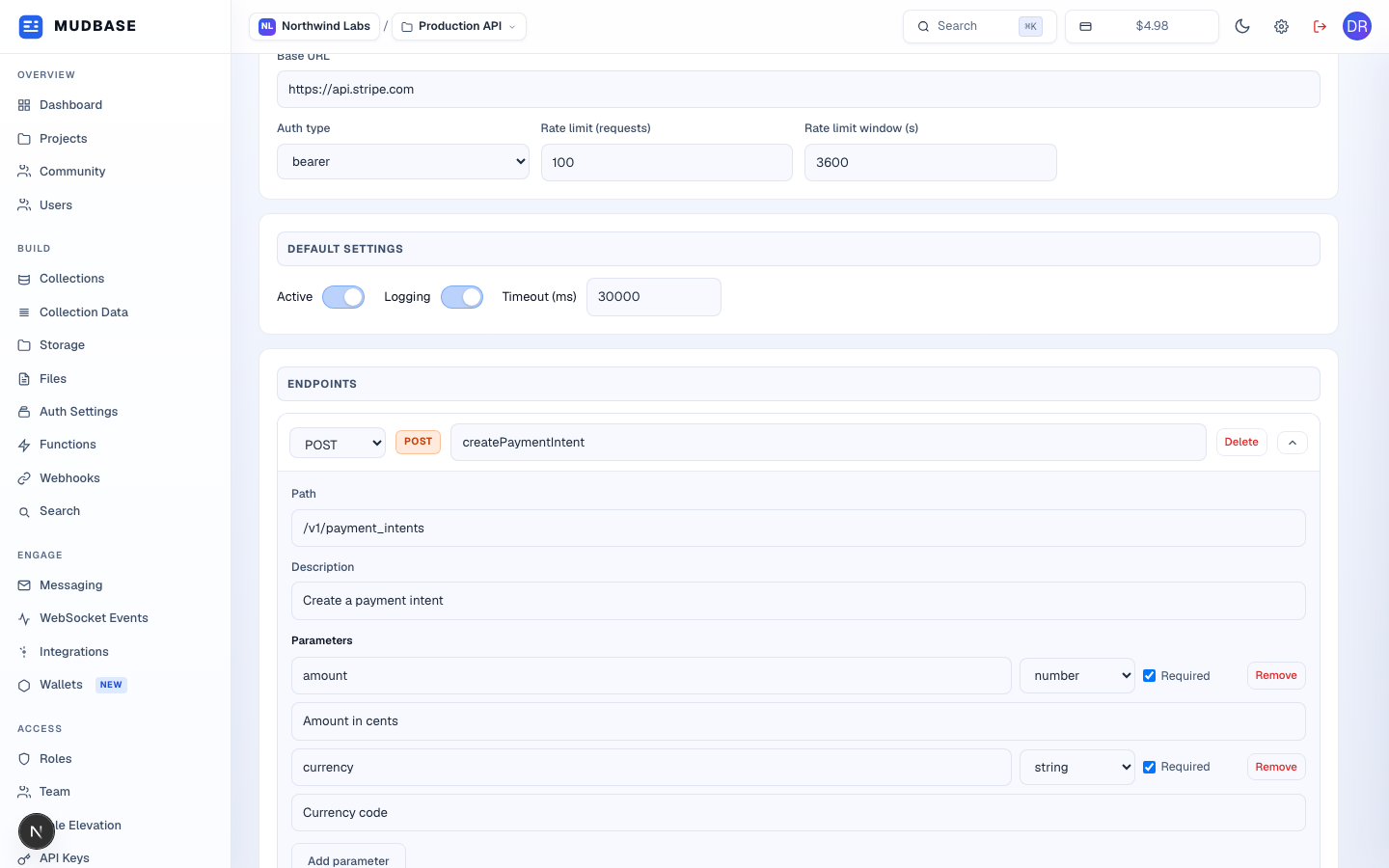 Config card with base URL, auth type, and rate limit fields; Default settings card with Active and Logging toggles and a timeout field; top of the Endpoints card showing the first endpoint's method, name, and parameters