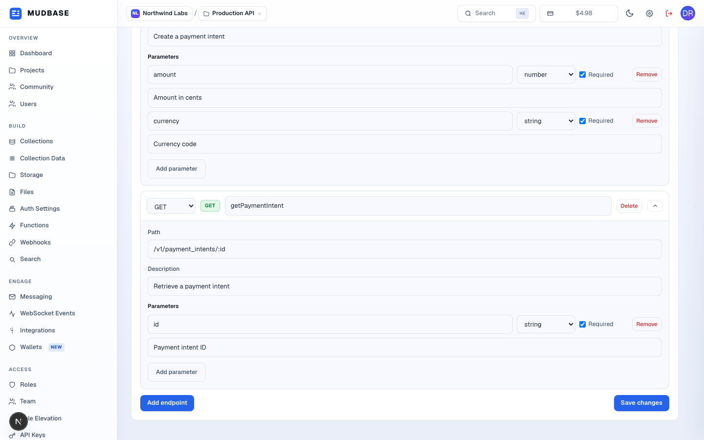 Second endpoint (getPaymentIntent) with its path, description, and id parameter, followed by Add endpoint and a second Save changes button at the bottom of the page