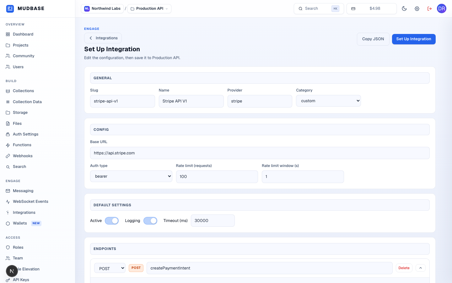 Set Up Integration page pre-filled with a Stripe API V1 example: General card with slug/name/provider/category, Config card with base URL/auth type/rate limit, Default settings card with Active/Logging toggles and timeout, and the top of an Endpoints card