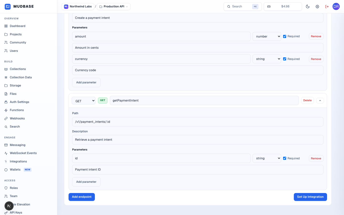Second endpoint (getPaymentIntent) with its path, description, and id parameter, followed by Add endpoint and a Set Up Integration submit button at the bottom of the page