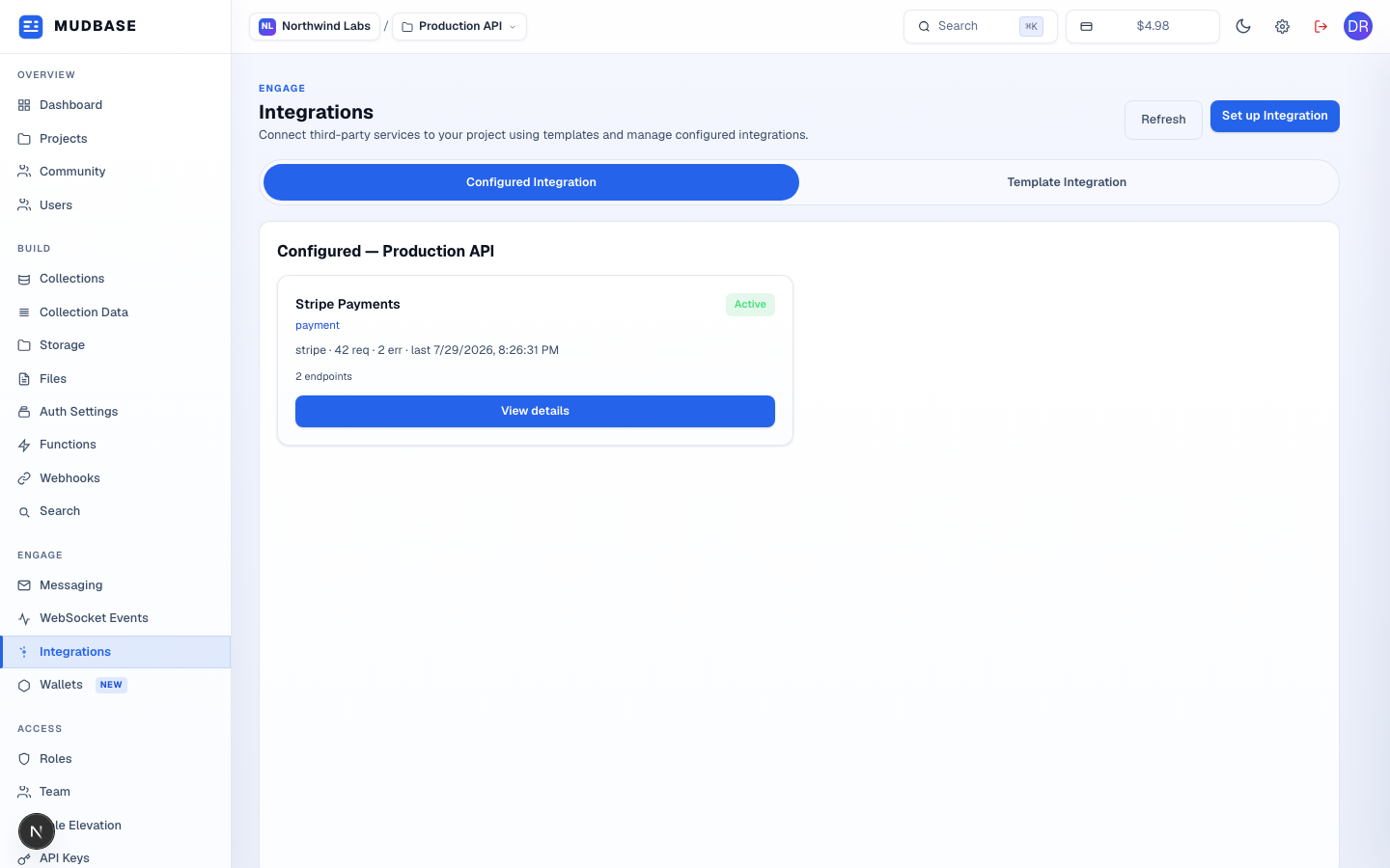 Integrations page with Configured Integration and Template Integration tabs, a Set up Integration button, and one configured Stripe Payments card showing Active status and usage