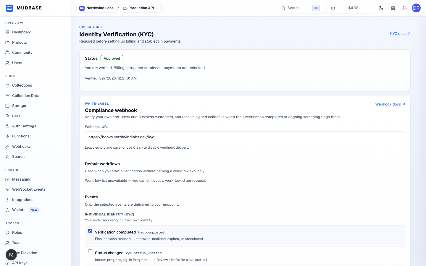 KYC page with a Status card showing Approved and a verified date, and a Compliance webhook card with a webhook URL field and a Default workflows section for KYC and KYB