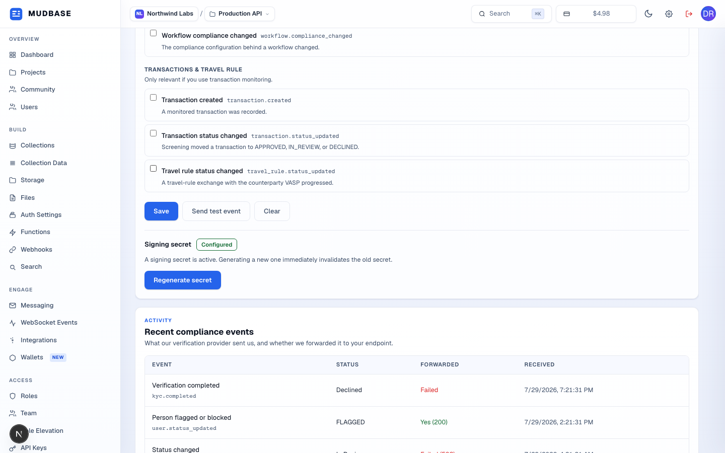 Event subscription checkboxes grouped by category, Save/Send test event/Clear buttons, a Signing secret card showing Configured, and the top of the Recent compliance events table