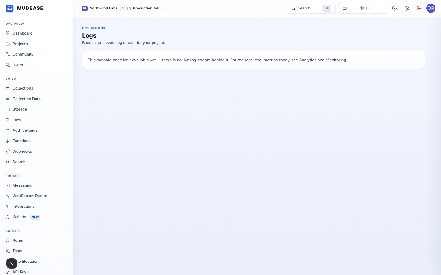 Logs page showing its not-yet-available notice card