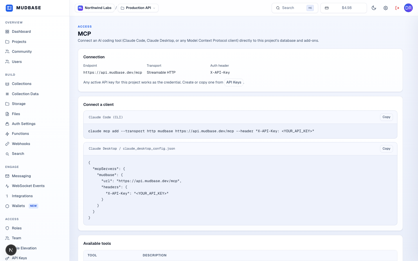 MCP page with a Connection card showing endpoint, transport, and auth header, and a Connect a client card with ready-to-copy snippets for Claude Code CLI and Claude Desktop config