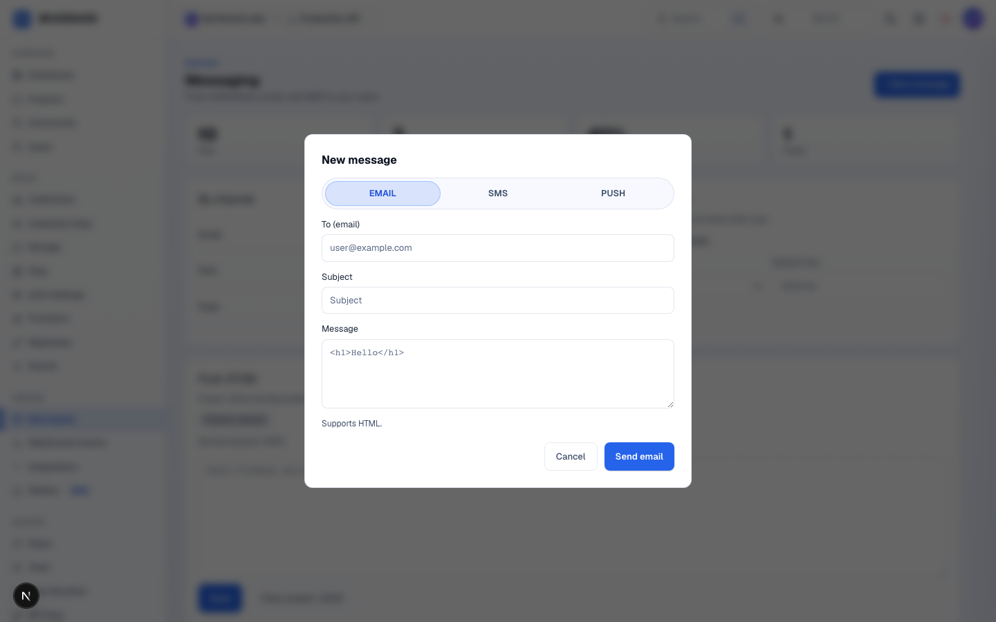 New message dialog with Email/SMS/Push tabs, recipient, subject, and message fields marked