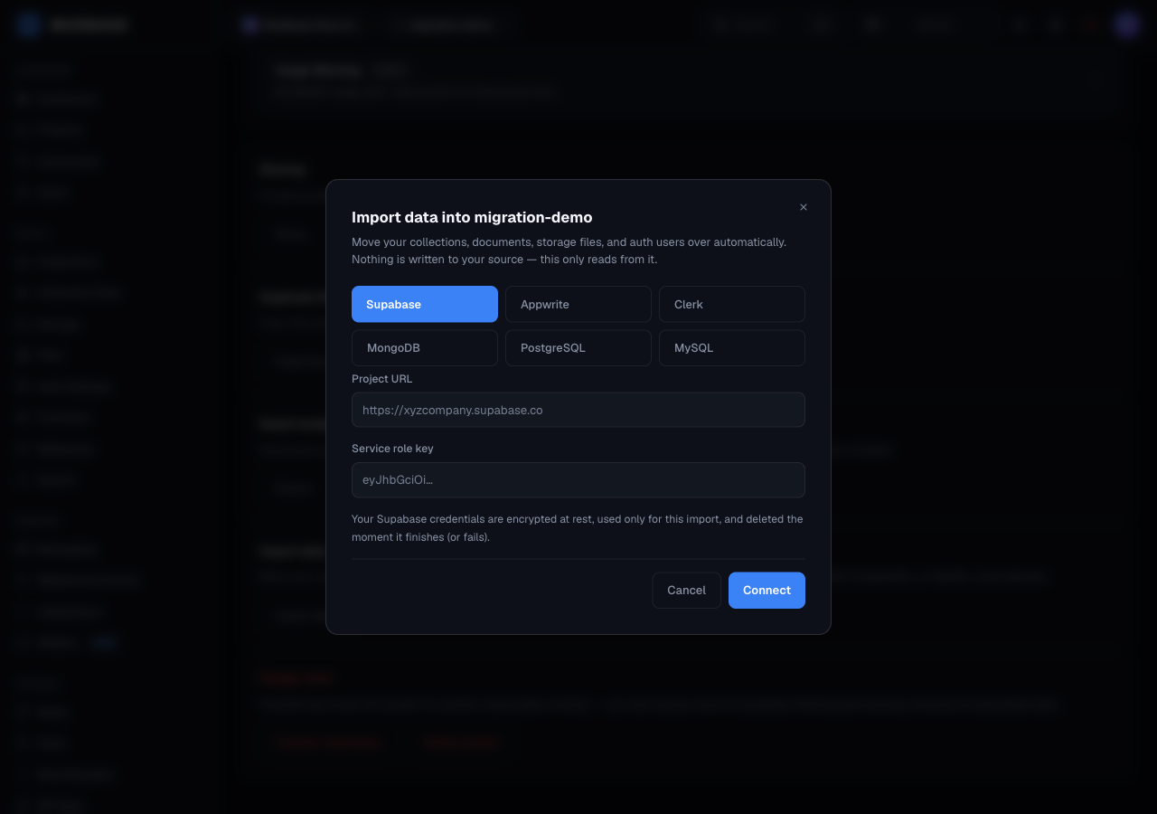 Import data dialog with Supabase selected among six vendor tabs (Appwrite, Clerk, MongoDB, PostgreSQL, MySQL), showing Project URL and Service role key fields and a disabled Connect button