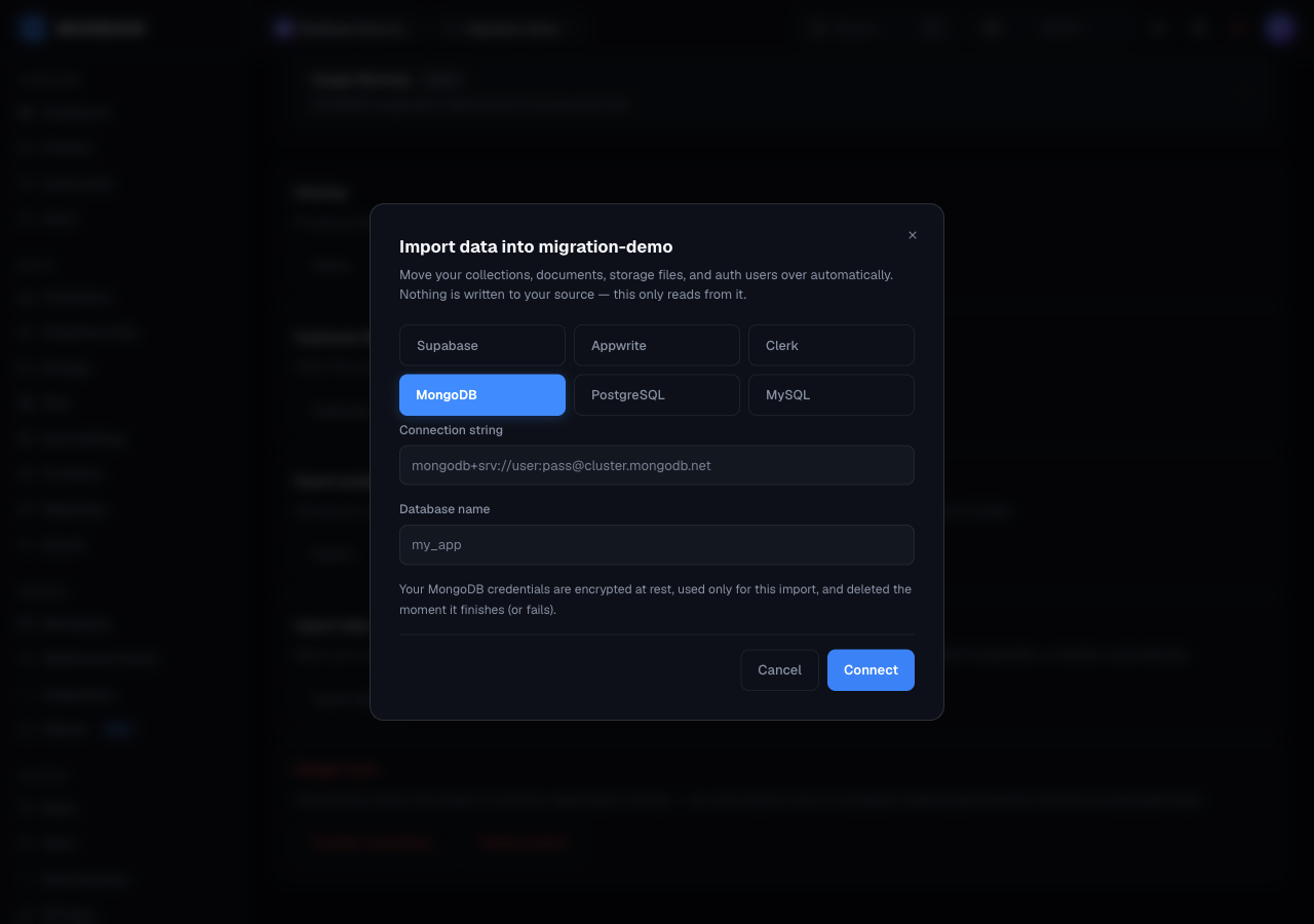 Import data dialog with MongoDB selected, showing Connection string and Database name fields