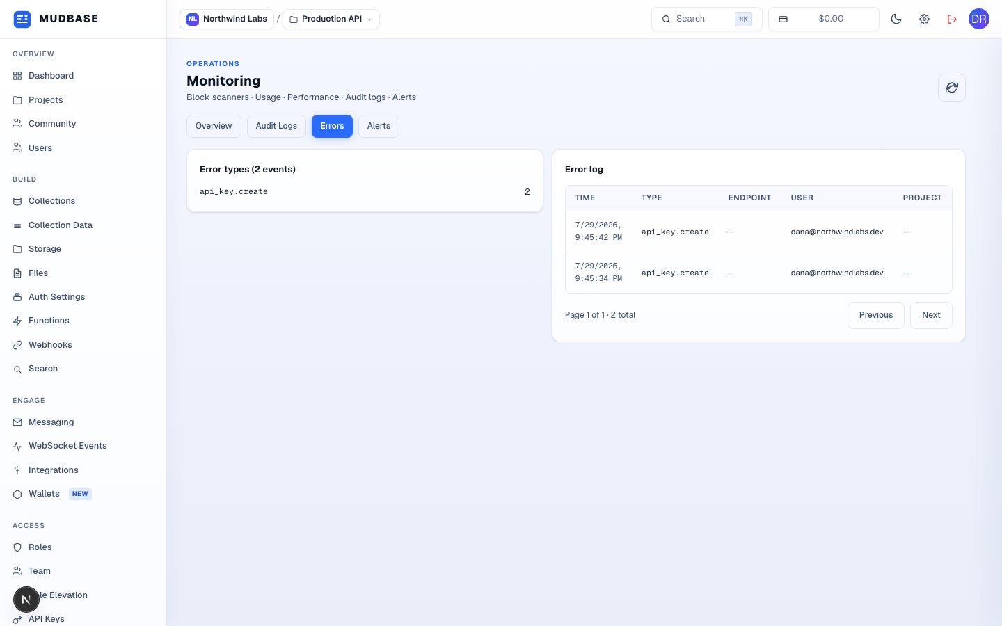 Monitoring Errors tab with the error types breakdown card and the error log table marked