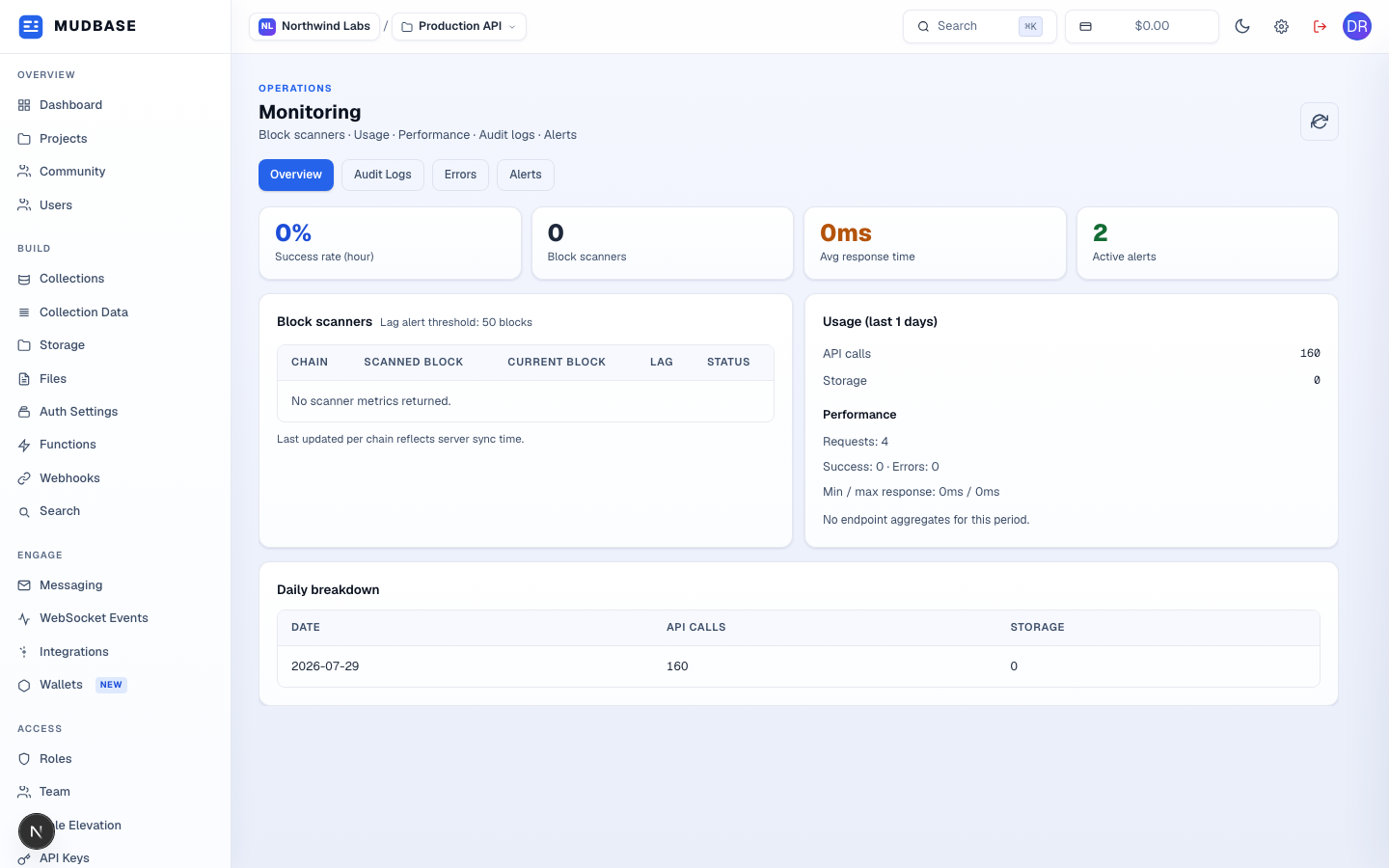 Monitoring Overview tab with the tab bar, stat cards, block scanners table, usage panel, and daily breakdown table marked