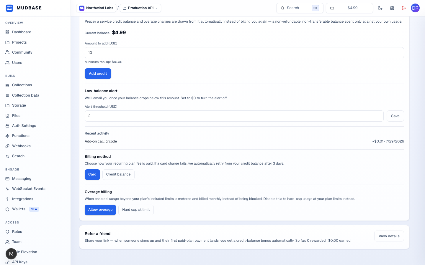 Add credit section with a real balance and top-up form, billing method toggle, overage billing toggle, and a refer-a-friend card