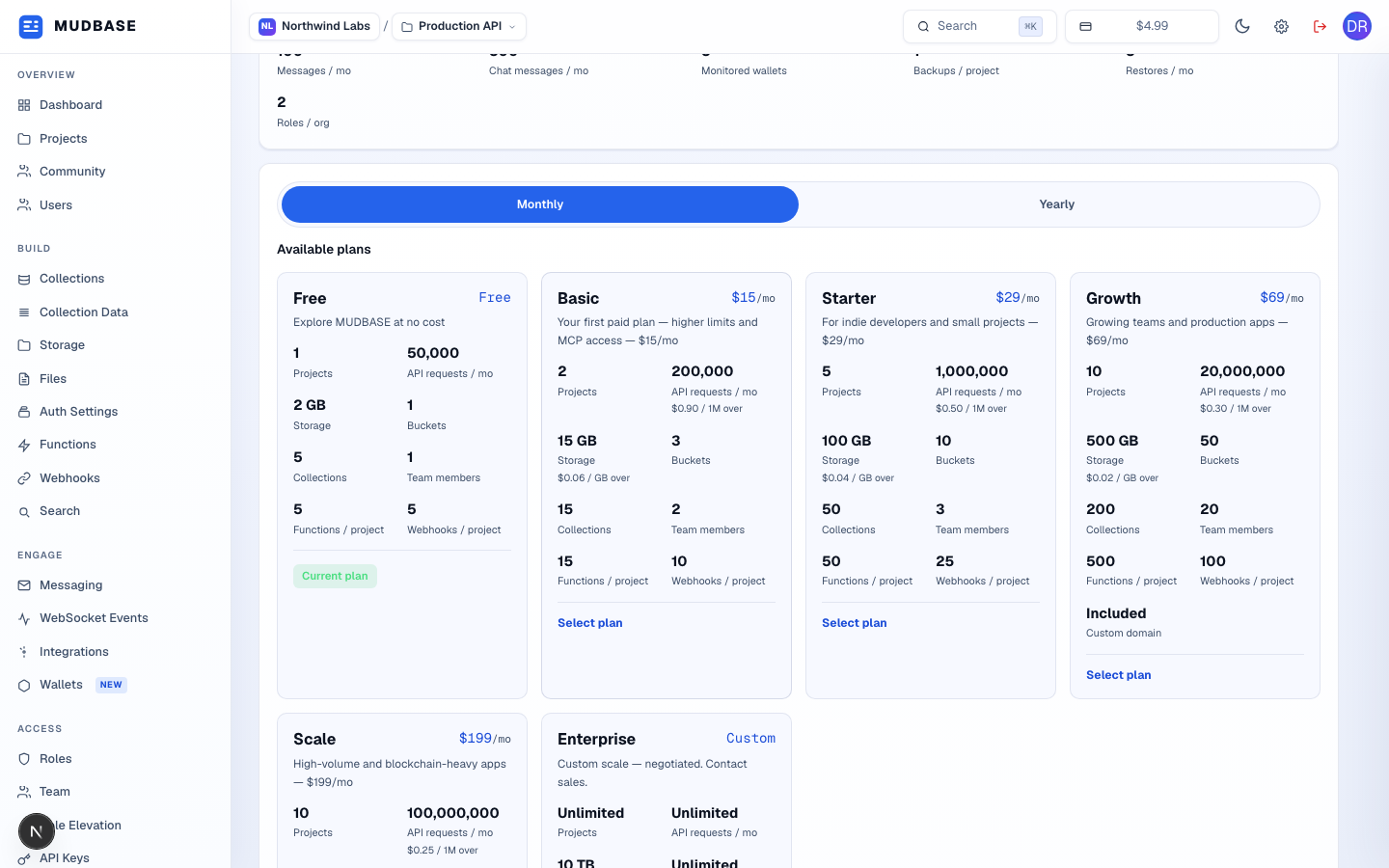 Available plans grid with a monthly/yearly billing cycle toggle, showing Free, Basic, Starter, and Growth tiers with their limits