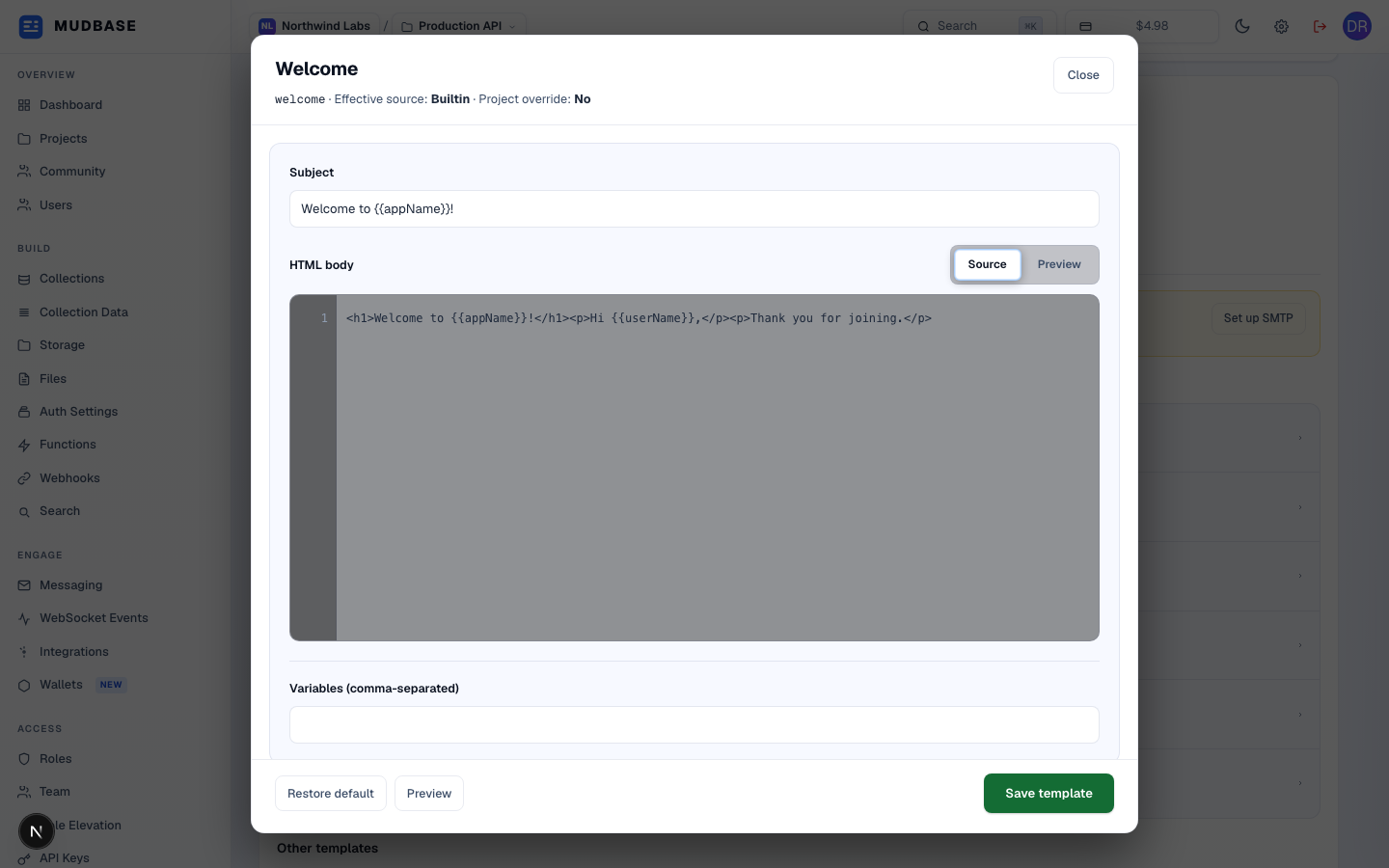 Welcome template editor modal with Subject field, Source/Preview HTML body tabs, a line-numbered code editor, variables field, and footer actions