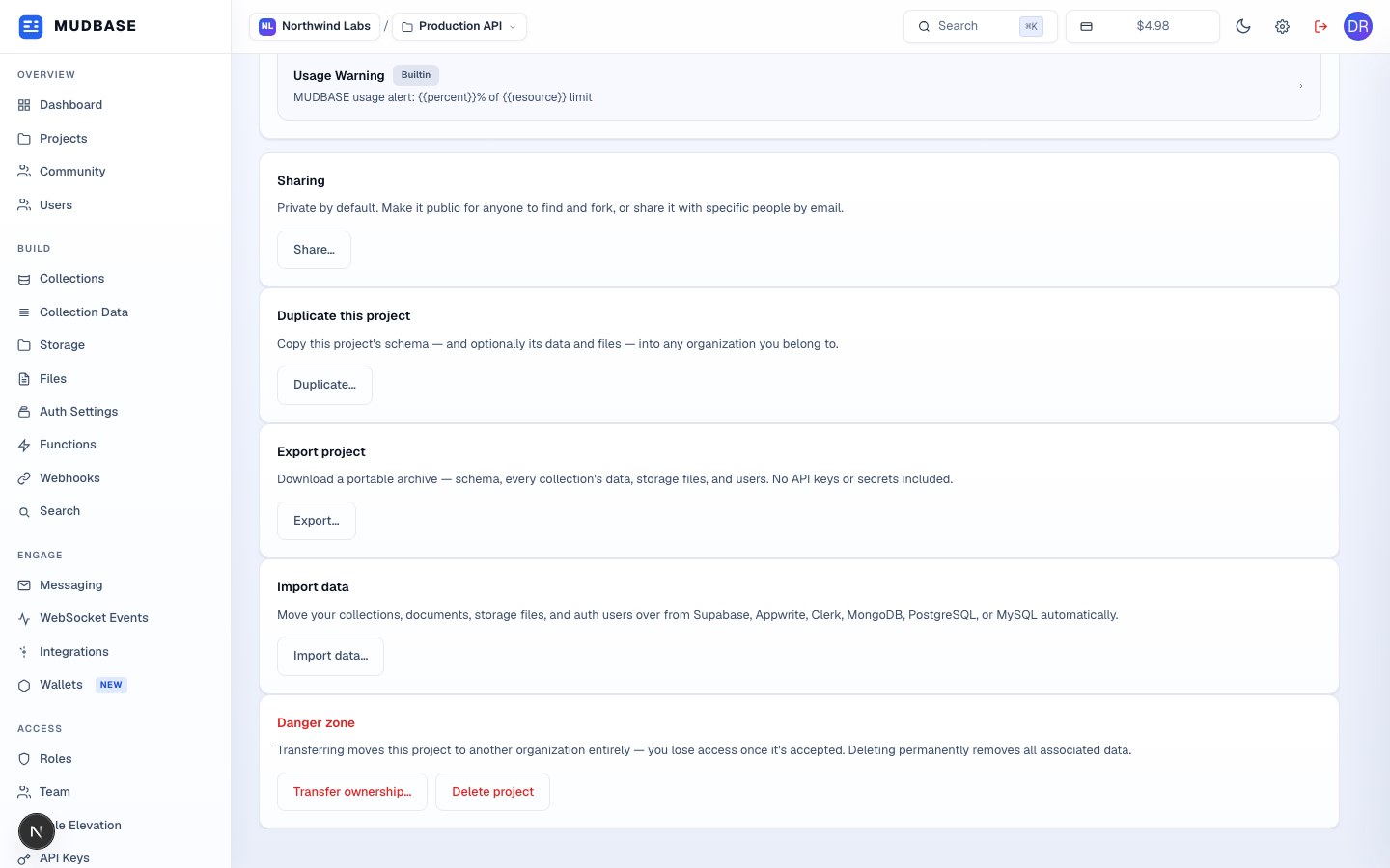 Bottom of Project Details with Sharing, Duplicate this project, Export project, Import data, and Danger zone cards marked