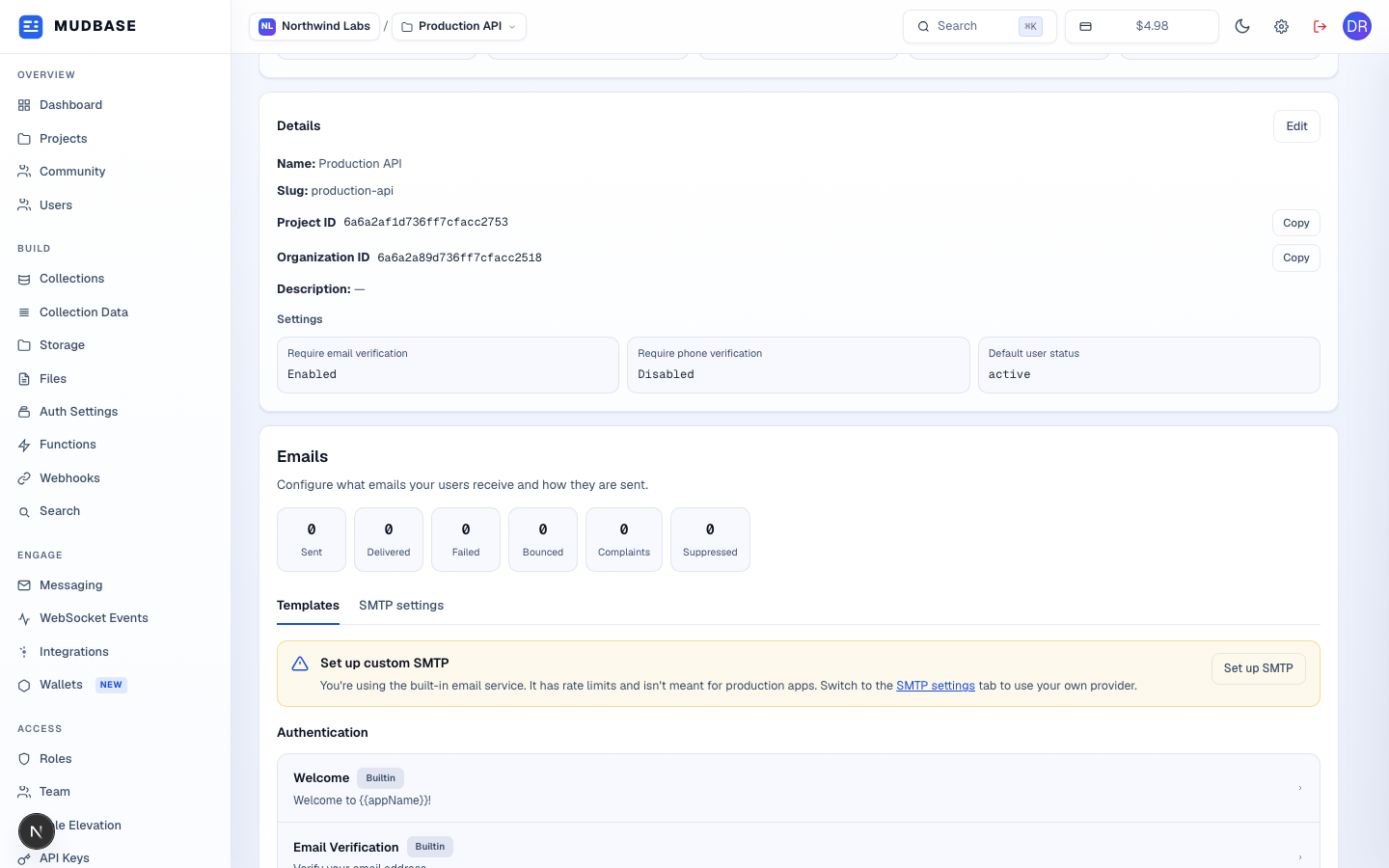 Details card showing name, slug, project ID, organization ID, description, and end-user account settings, with an Edit button