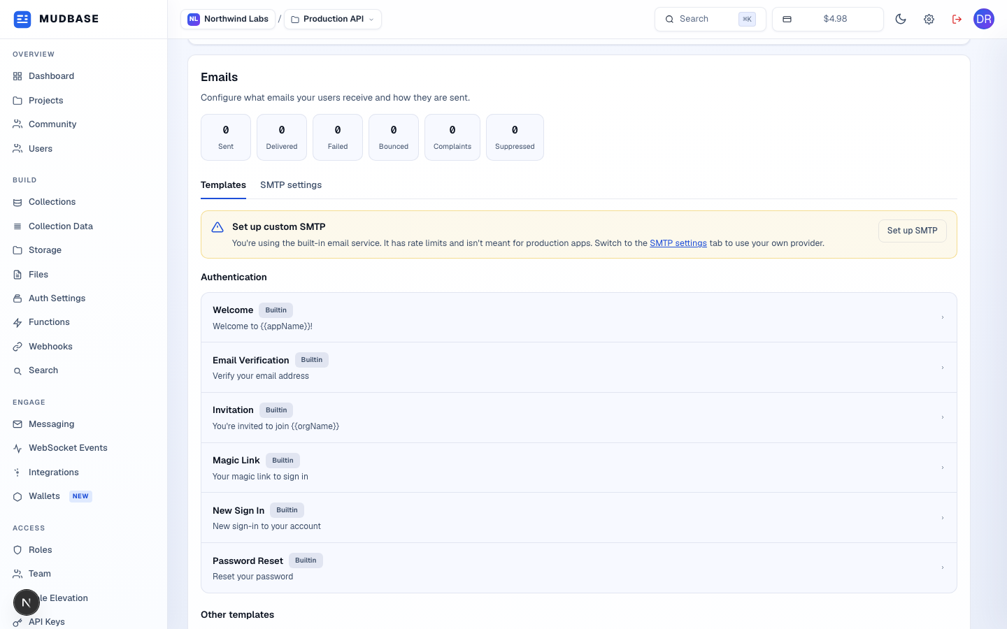 Top of the Emails section on Project Details, showing send stat pills and the Templates / SMTP settings tabs