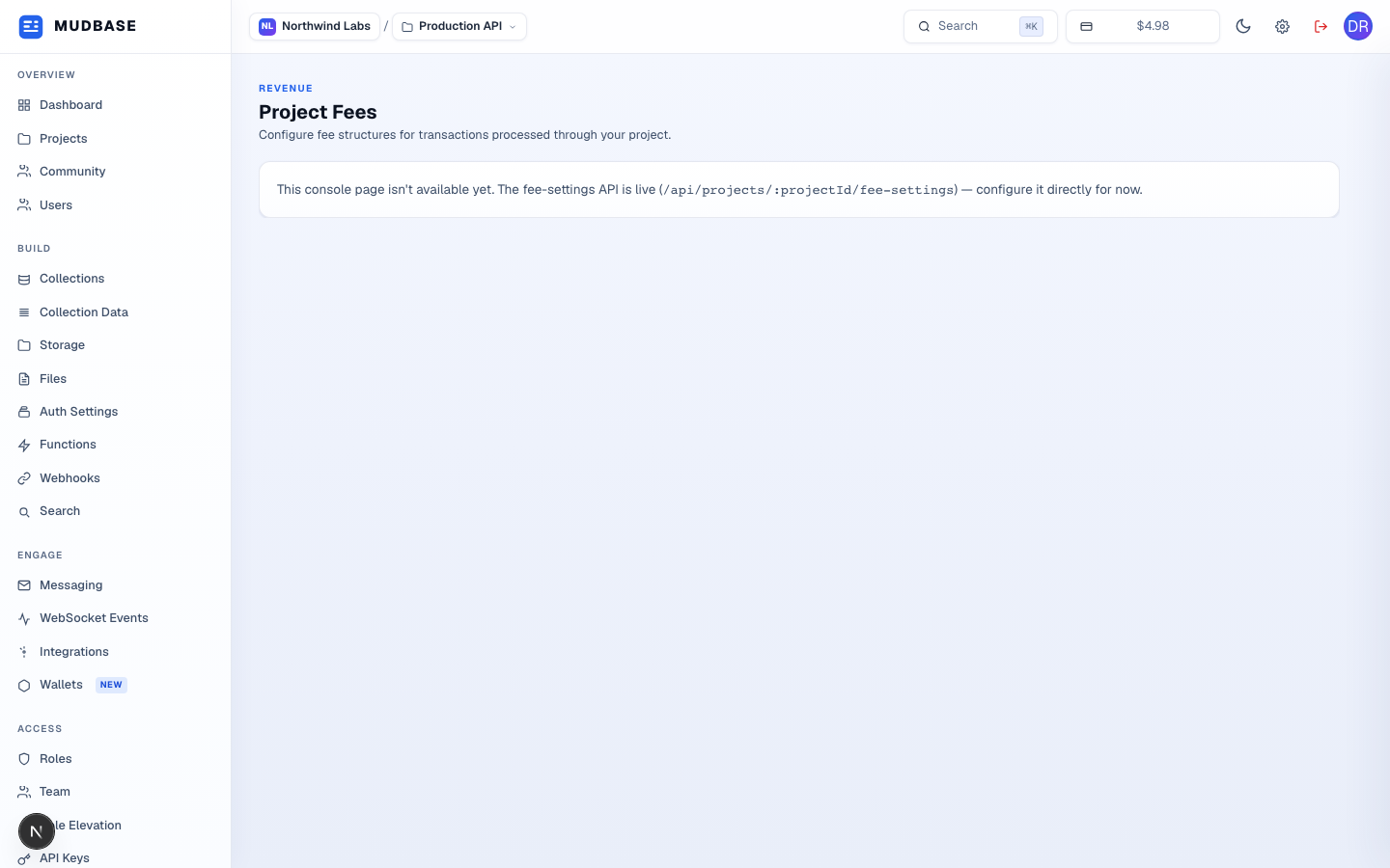 Project Fees page showing its not-yet-available notice pointing to the fee-settings API