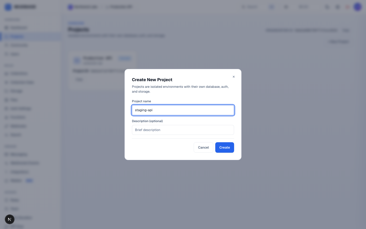 Create New Project dialog with the project name field, description field, and Create button marked