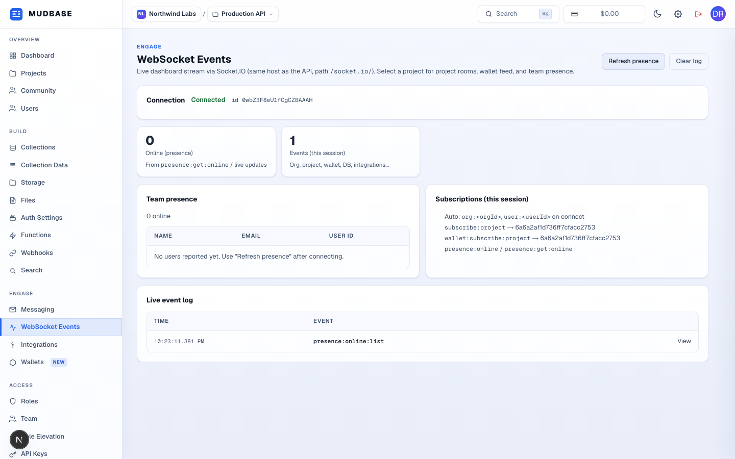 WebSocket Events page with connection status, refresh presence and clear log buttons, stats, team presence, subscriptions, and live event log marked