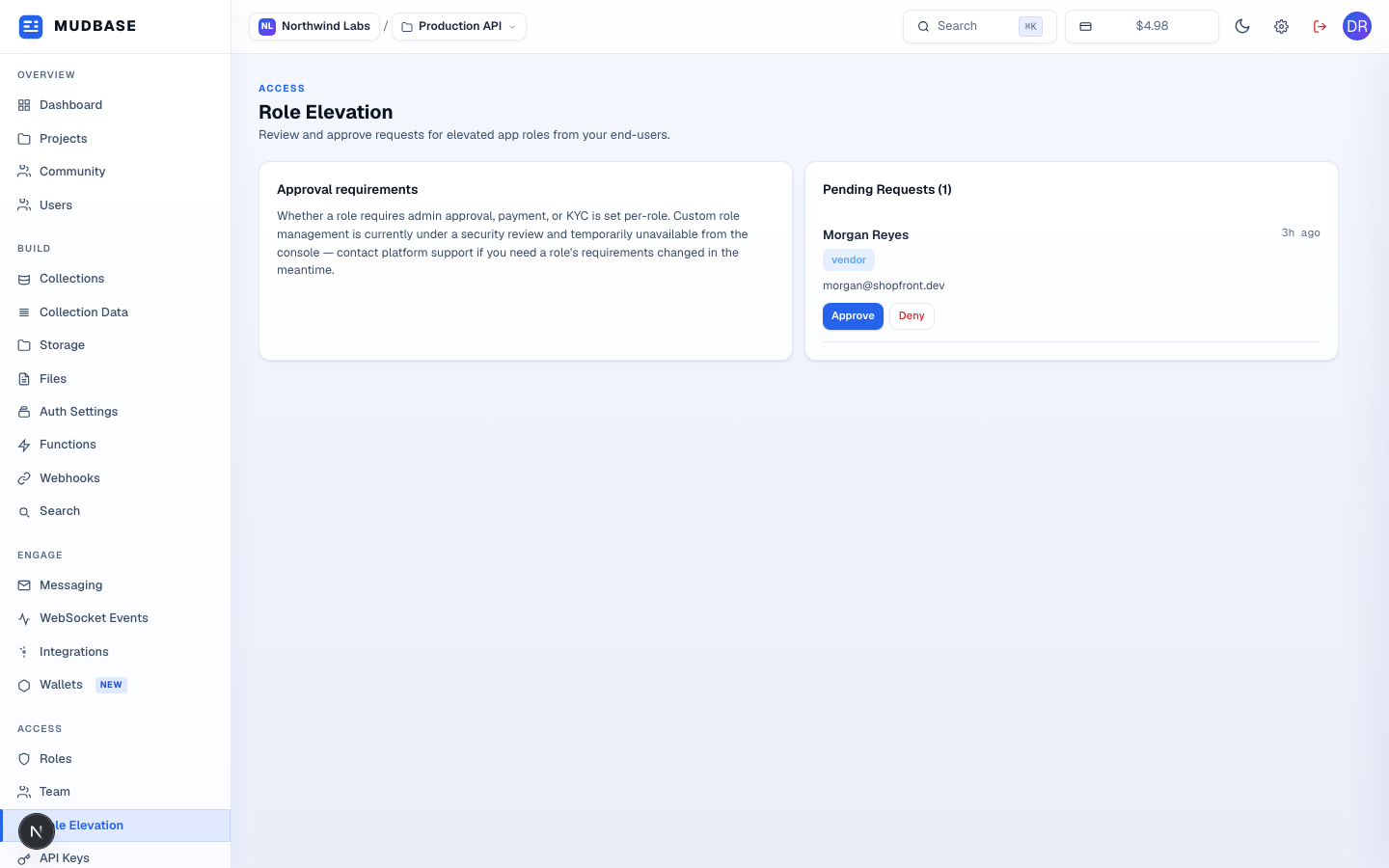 Role Elevation page with an Approval requirements card on the left and a Pending Requests card on the right showing one request with Approve and Deny buttons