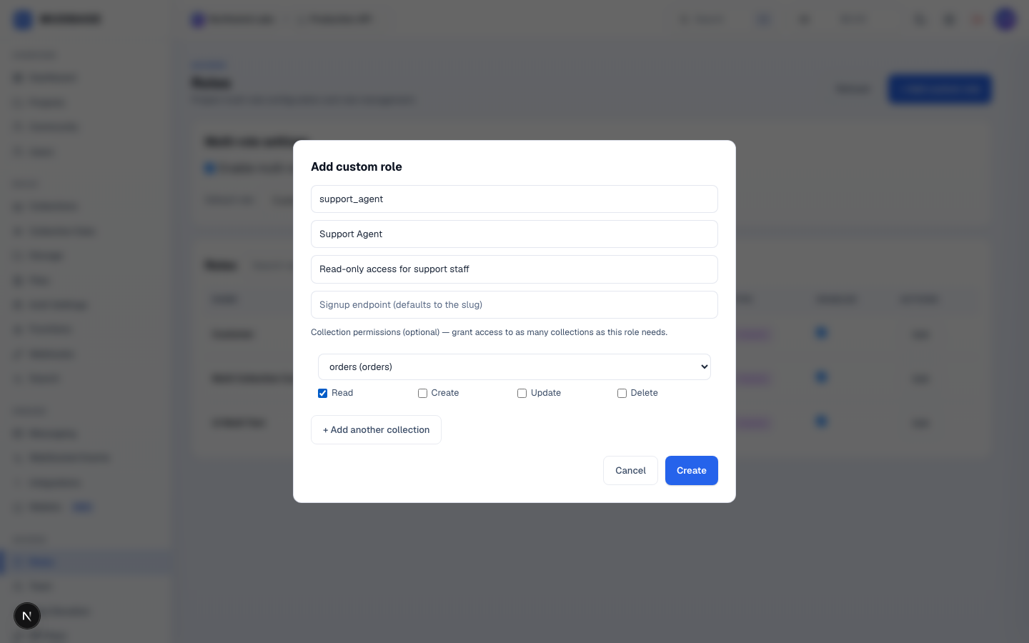 Add custom role dialog with slug, name, description, collection permissions, and Create button marked