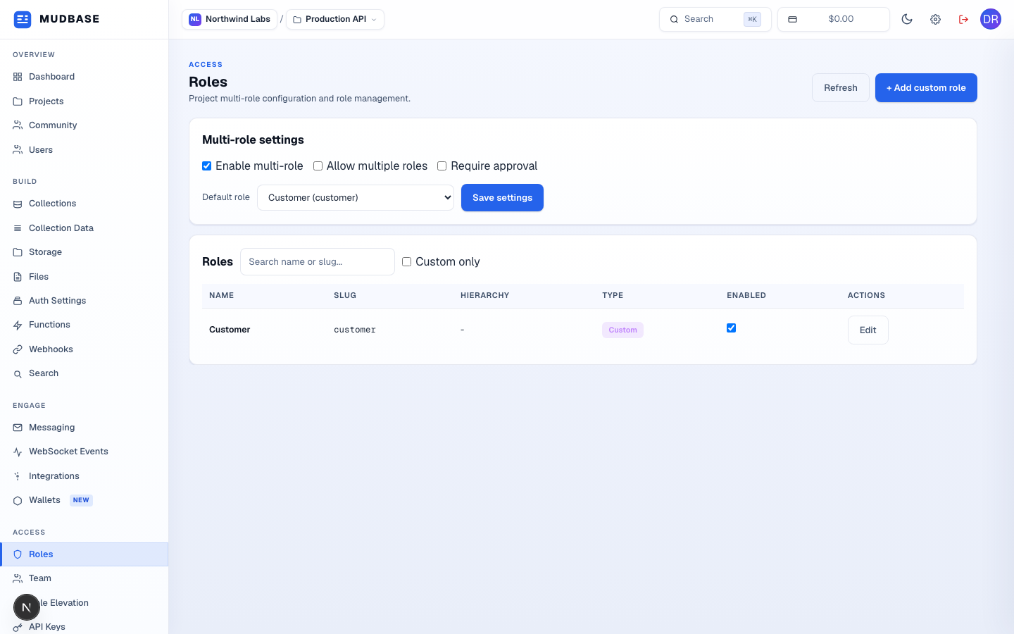 Roles page with multi-role settings, the roles table, and Add custom role button marked