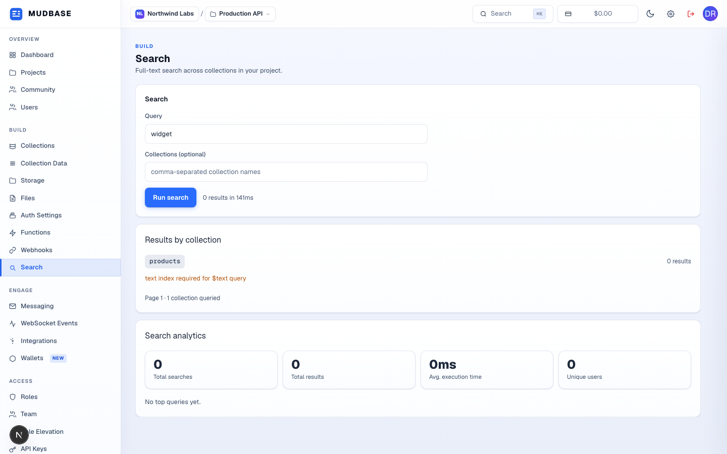 Search page with a query typed, the collections filter, Run search button, results by collection, and search analytics marked