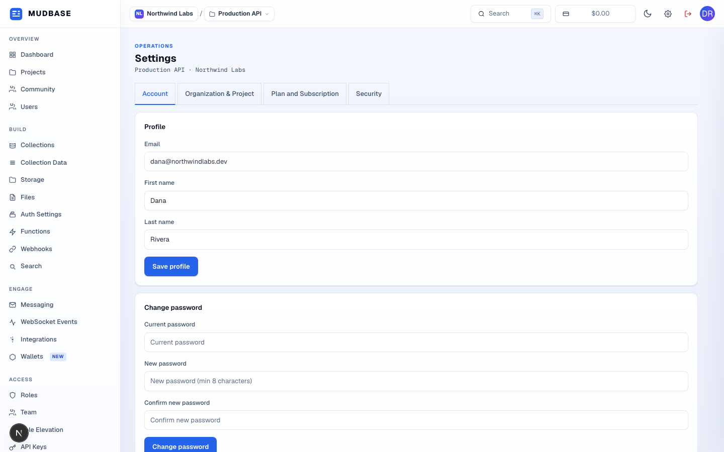Settings Account tab with the four tabs and Save profile button marked