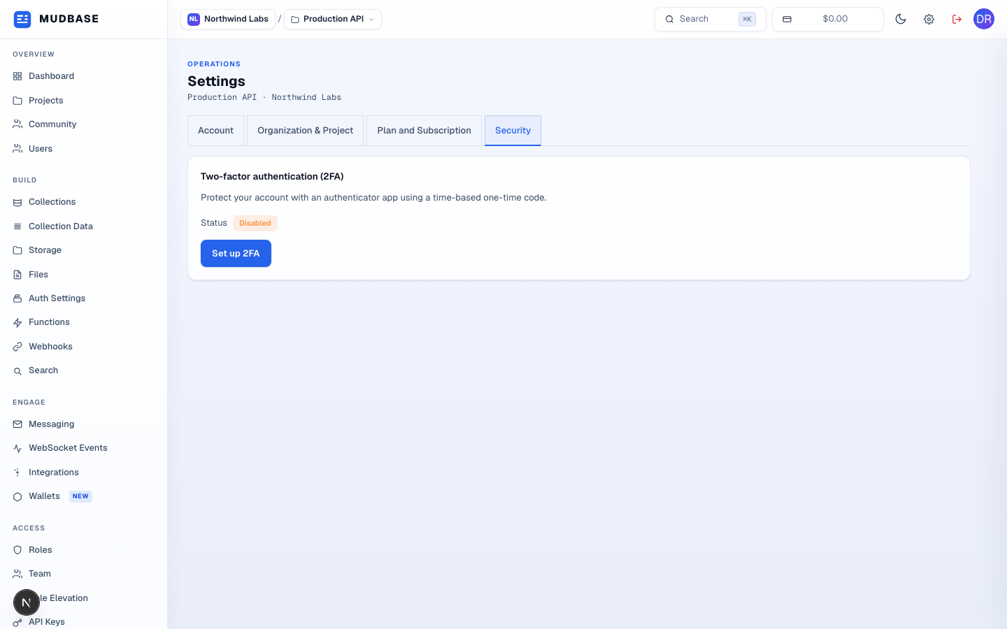 Security tab with 2FA status and the Set up 2FA button marked