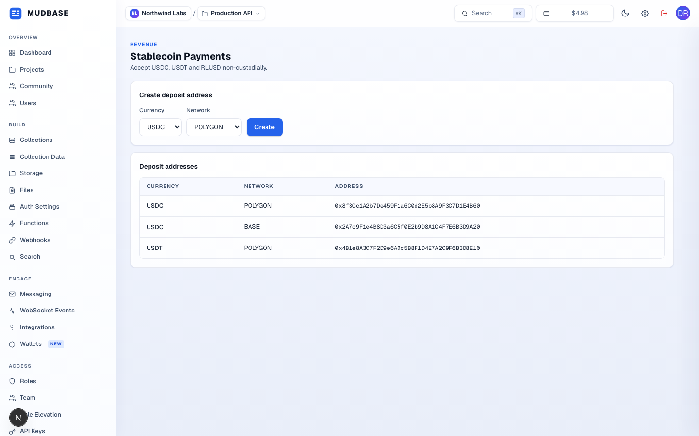 Stablecoin Payments page with a Create deposit address form (currency and network selects plus a Create button) and a Deposit addresses table listing three currency/network pairs with their addresses