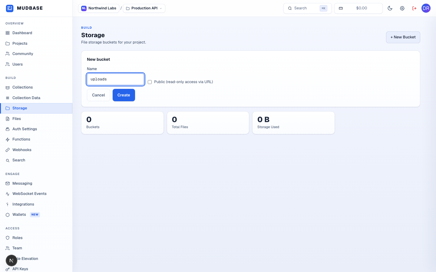 New bucket form with the name field, public checkbox, and Create button marked