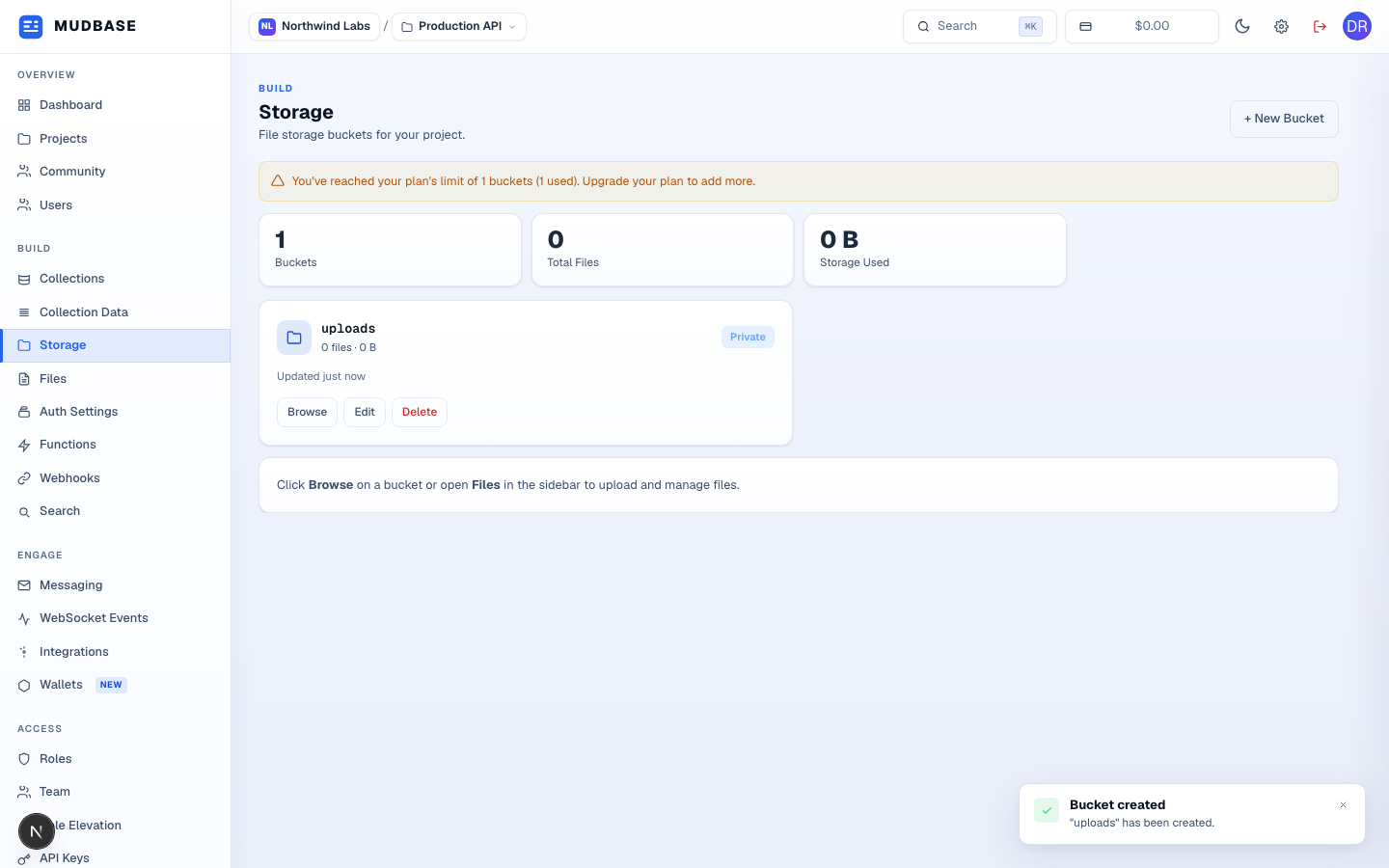 Storage bucket list showing the uploads bucket with Browse, Edit, and Delete actions marked