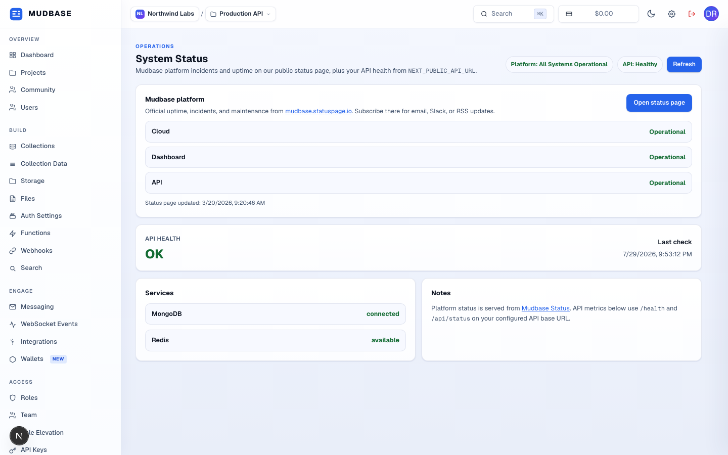 System Status page with the Platform and API badges, the Mudbase platform card with its Open status page button, the API health card, and the Services card marked