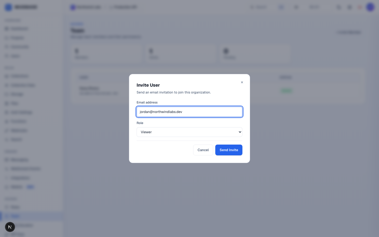 Invite User dialog with the email address field, role select, and Send Invite button marked
